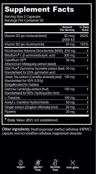 Supplement facts label for NAD+BURN® 60 Capsules, detailing ingredients and daily values for optimal health support.