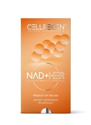 NAD+HER® 90 Capsules packaging from Cellregen, promoting vitality, boosting NAD+, and supporting DNA repair for women's health and beauty.