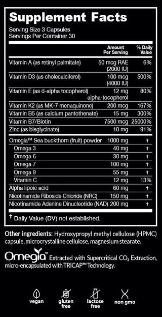 Supplement Facts for NAD+HER Capsules including vitamins A, D3, E, K2, and biotin, plus Omega 3, zinc, and alpha lipoic acid.