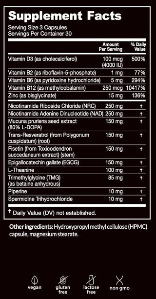 NAD+HIM® Supplement Facts Label detailing ingredients and nutritional information for boosting testosterone, NAD+, and supporting stem cell health and glutathione levels.