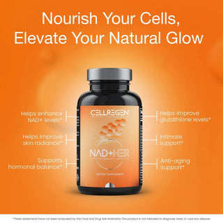 Radiant skin supplement bottle with benefits for NAD+ enhancement, skin radiance, hormonal balance, and anti-aging.