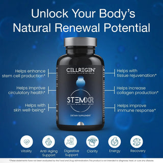 StemXR® capsules supplement for boosting stem cells, enhancing energy, and rejuvenating skin.