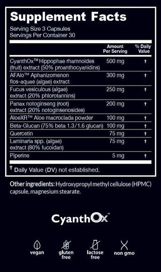 StemXR® supplement facts label, highlighting ingredients like CyanthOx™, AFAloX™, and more, emphasizing vegan, gluten-free, non-GMO benefits.